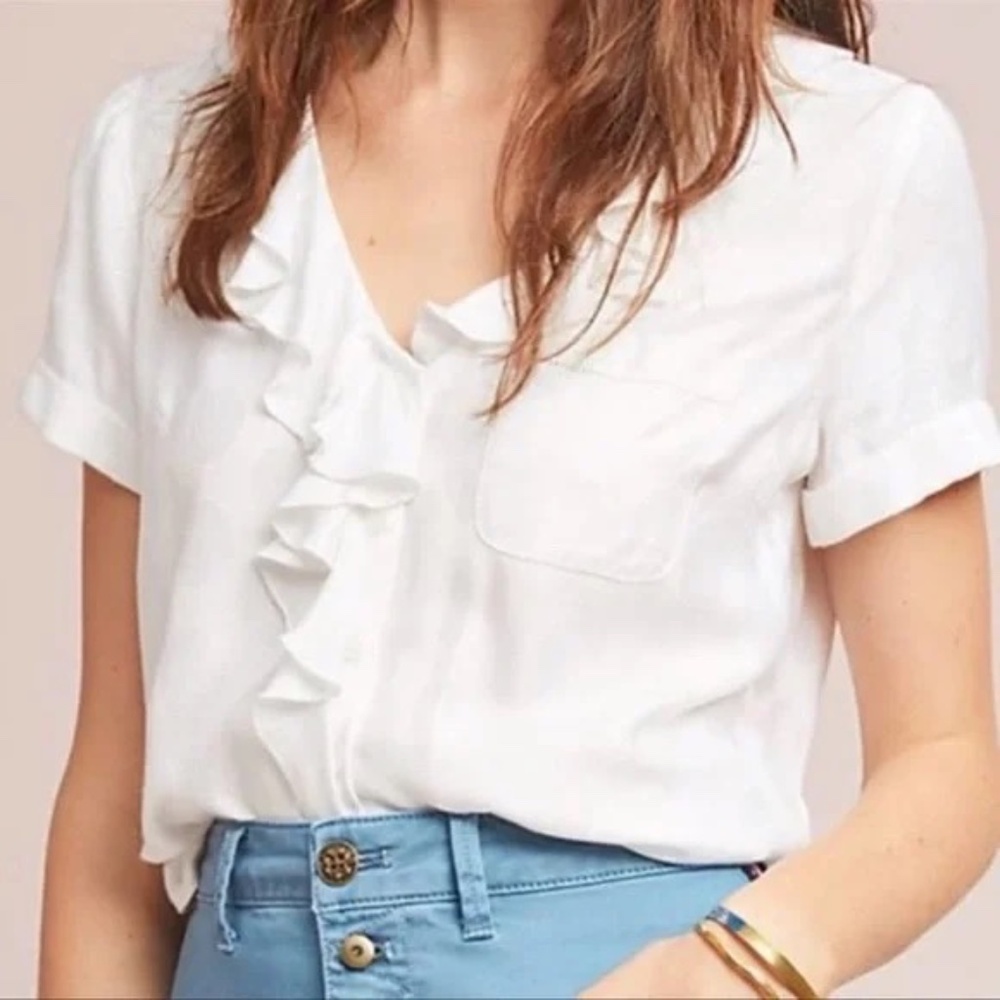 Anthropologie Maeve Jojo Ruffle Button Up Top